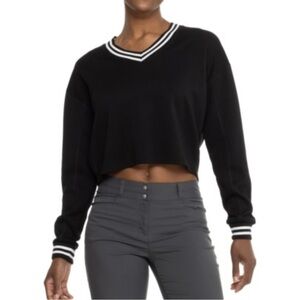 Move Theology Chic Black V-Neck Crop Top with Striped Details Sz L